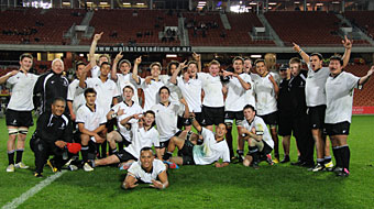 The NZ Barbarians Area Schools celebrate their victory in Hamilton.